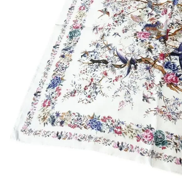 2/$30 NEW Cream Bird Floral Flower Printed Silky Fashion Scarf - Picture 7 of 14